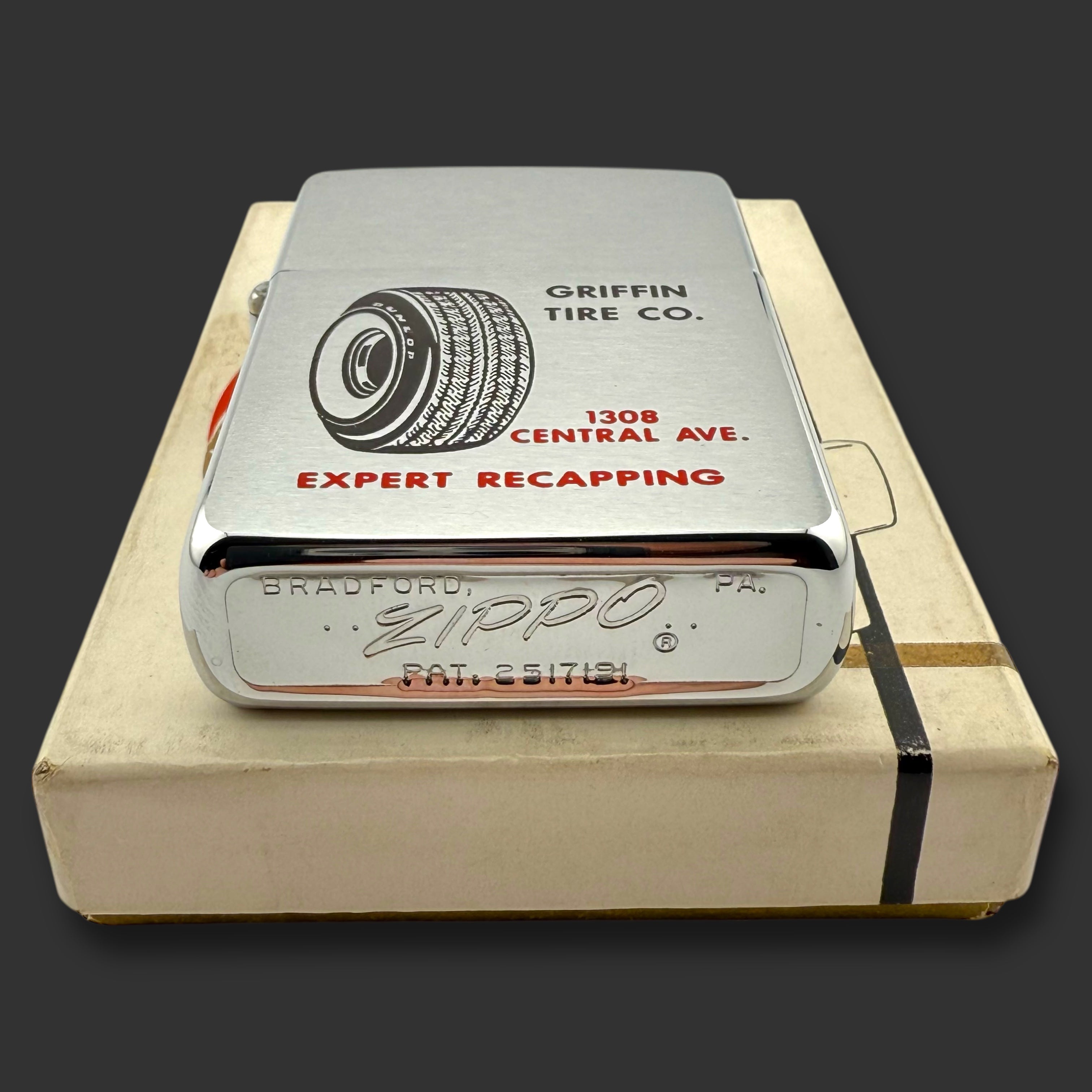 1962 Zippo Lighter - Griffin Tire Co - Dunlop - Brushed Chrome
