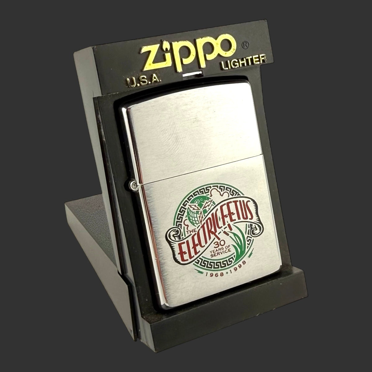 1998 Zippo Lighter - Electric Fetus - Etch & Paint - Brushed Chrome