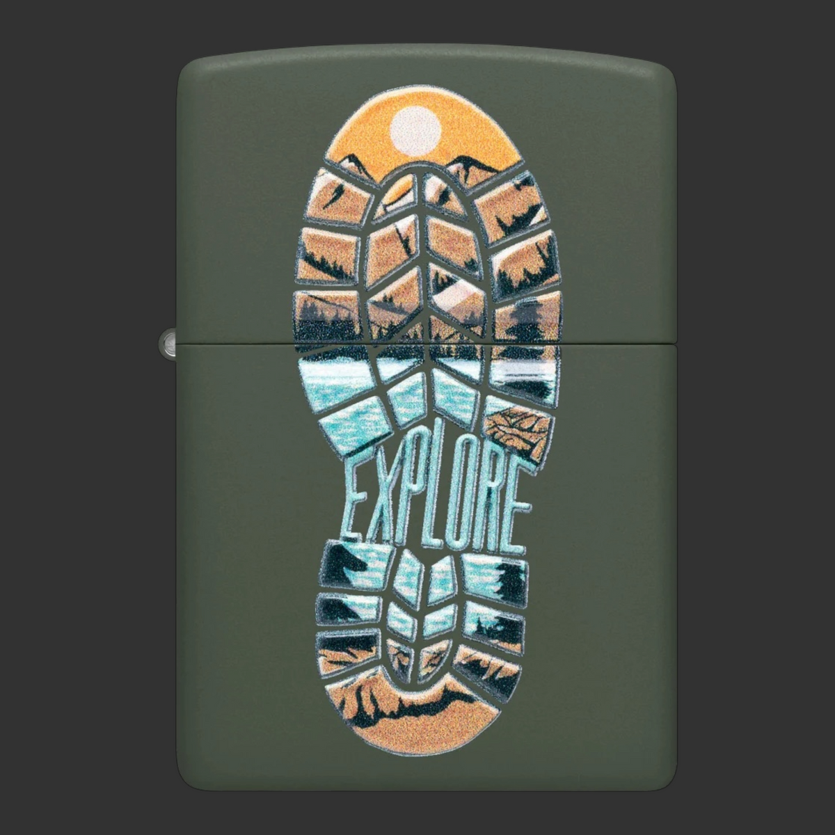 Green Matte Step Out Zippo lighter with mountain landscape inside a footprint and “Explore” inscription.