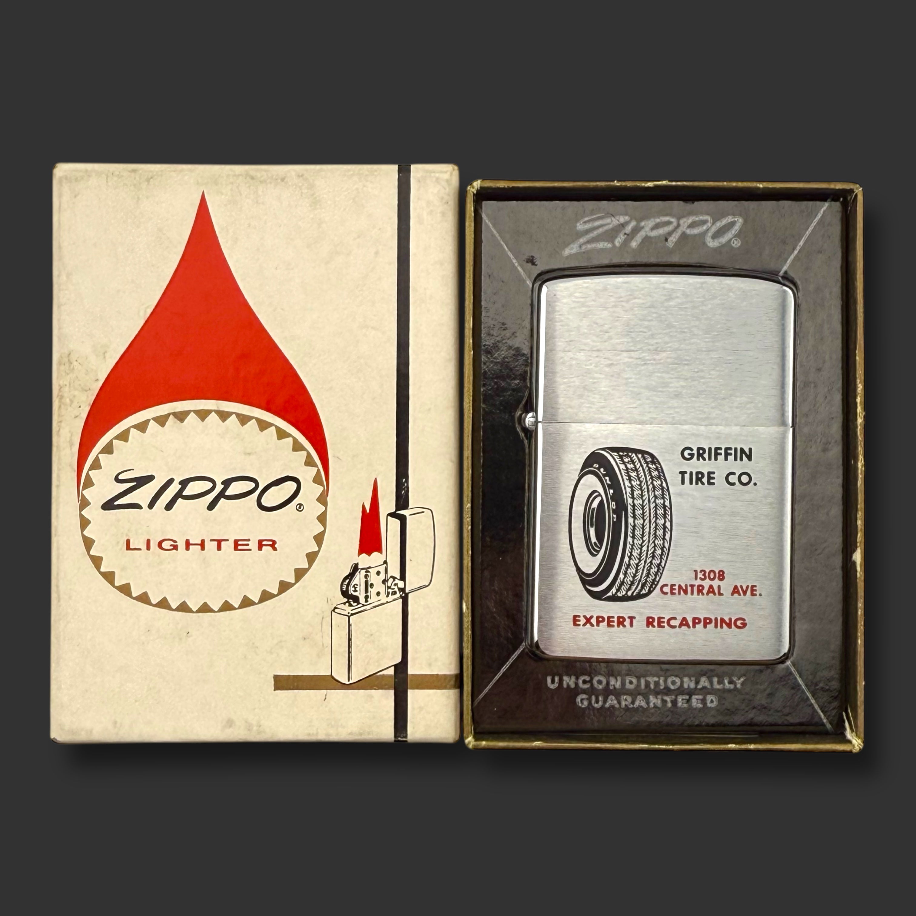 1962 Zippo Lighter - Griffin Tire Co - Dunlop - Brushed Chrome