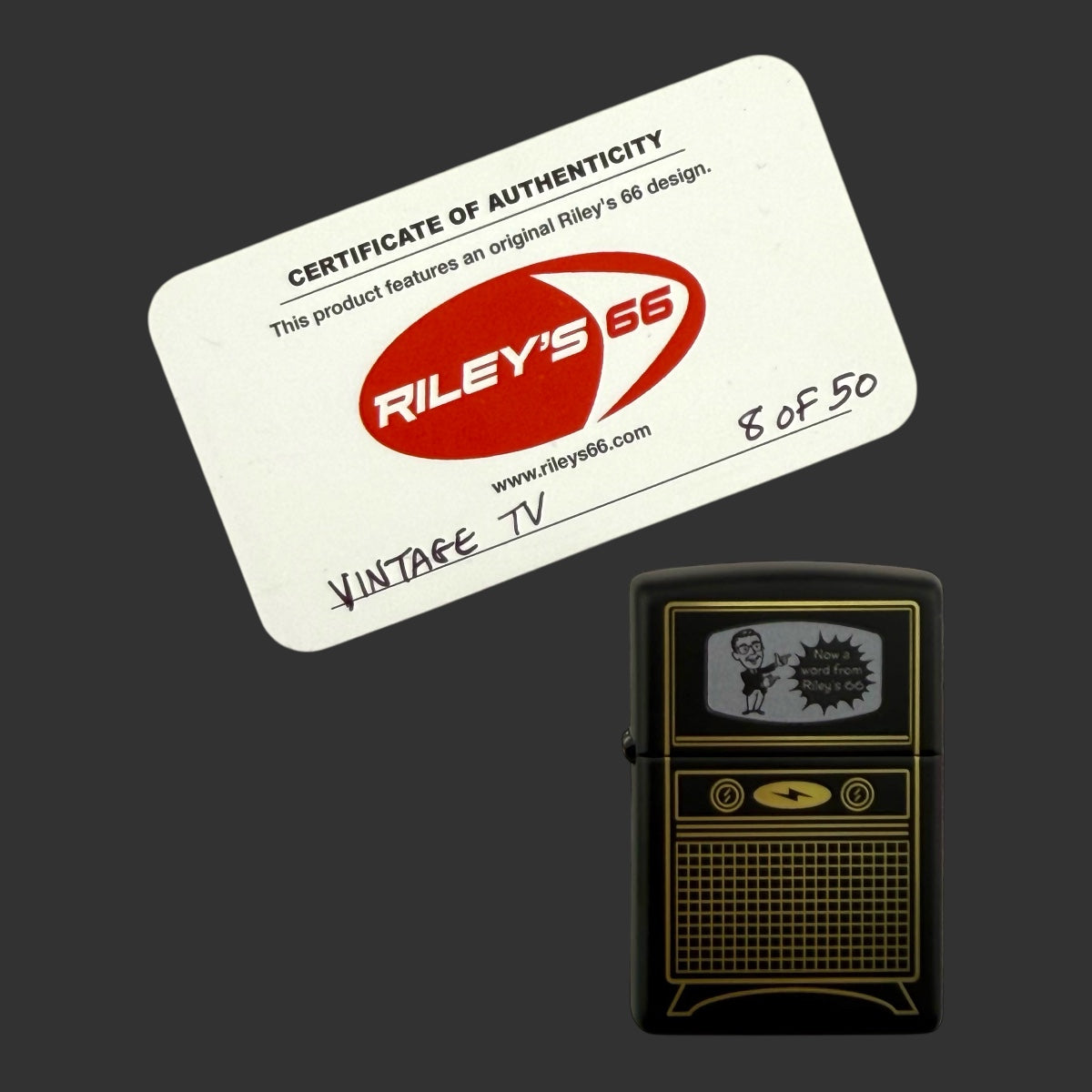 Original Riley's 66 Zippo Lighter - Vintage TV - 08/50 - Black Matte