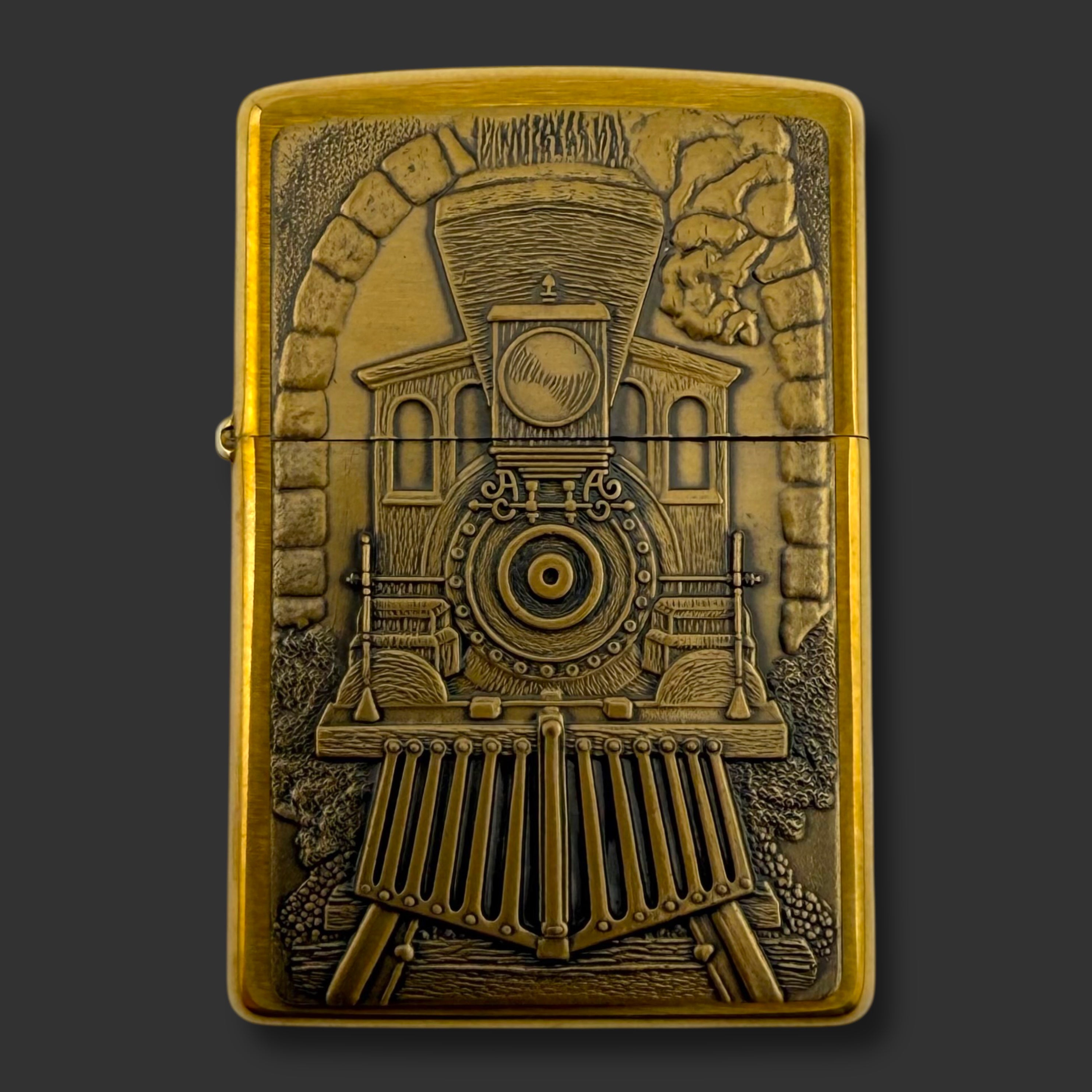 1998 Zippo Lighter - Barrett Smythe Train - Brushed Brass