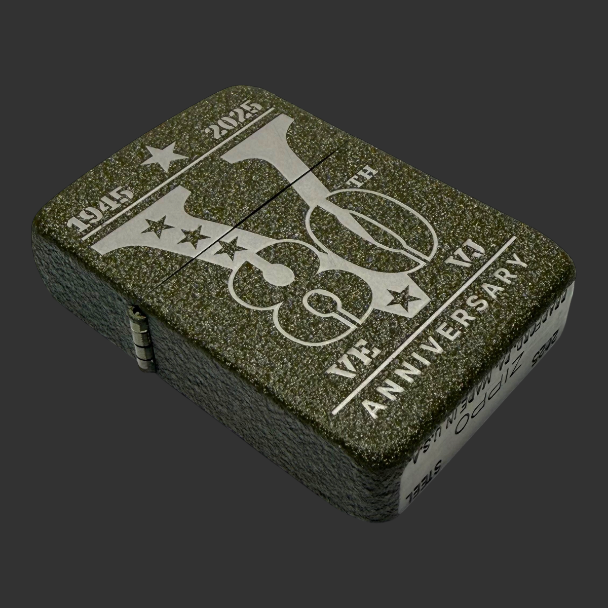 2025 Zippo 80th Anniversary WWII Victory lighter – angled closed view showing V80th Anniversary engraving on olive green textured steel case with Zippo bottom stamp
