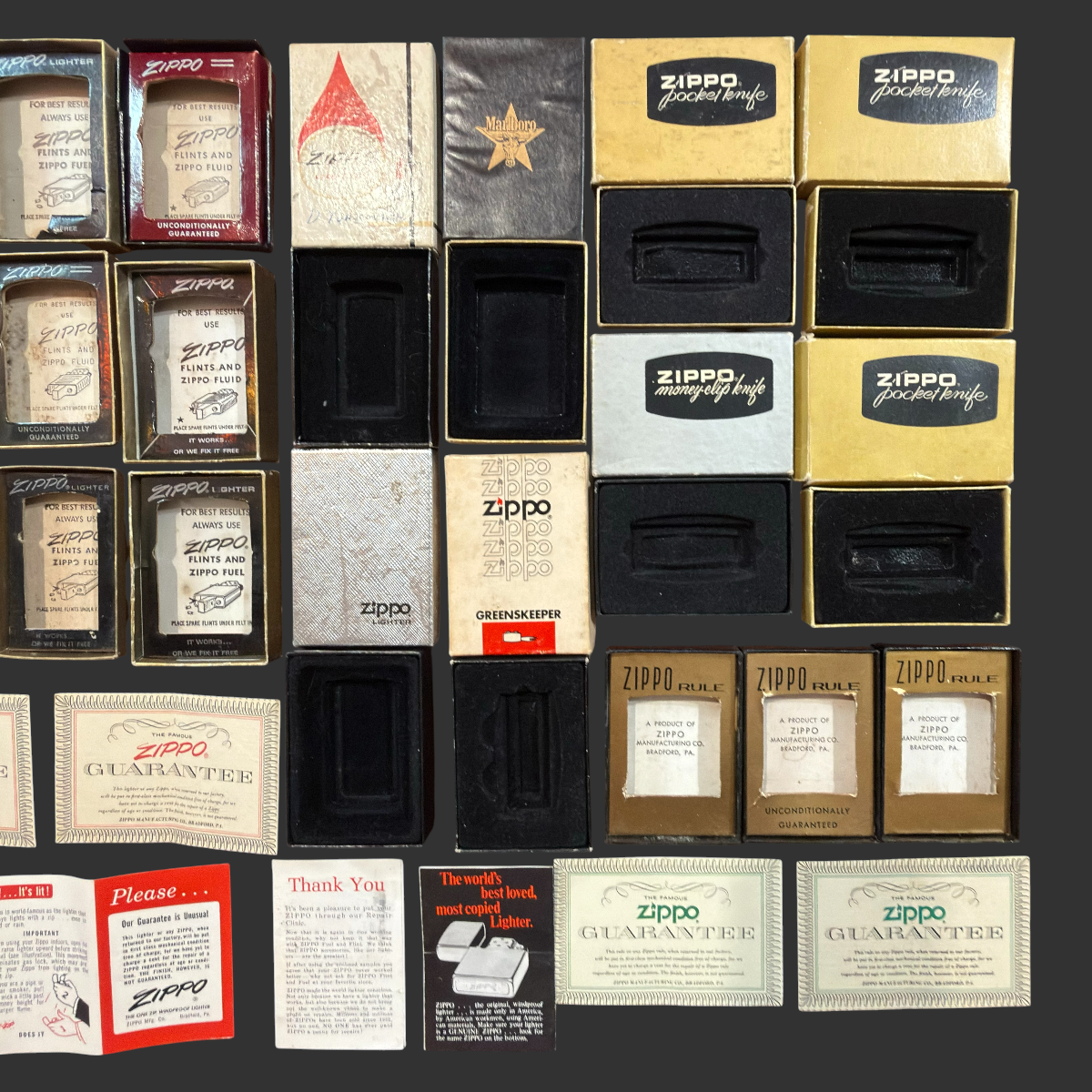 Lot of Vintage Zippo Box Parts & Paperwork