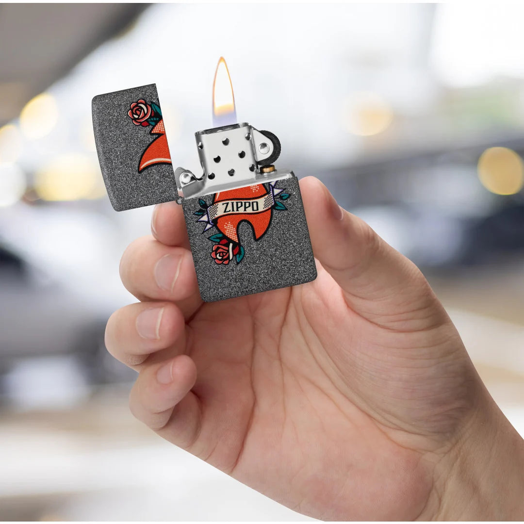 Iron Stone Flame Tattoo Zippo lighter with heart tattoo, Zippo flame icon and roses in hand