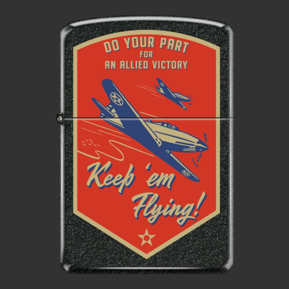 Riley's 66 Keep 'Em Flying Exclusive Zippo lighter in Black Crackle finish, featuring original WWII aviation propaganda artwork with blue warplanes on a red shield badge