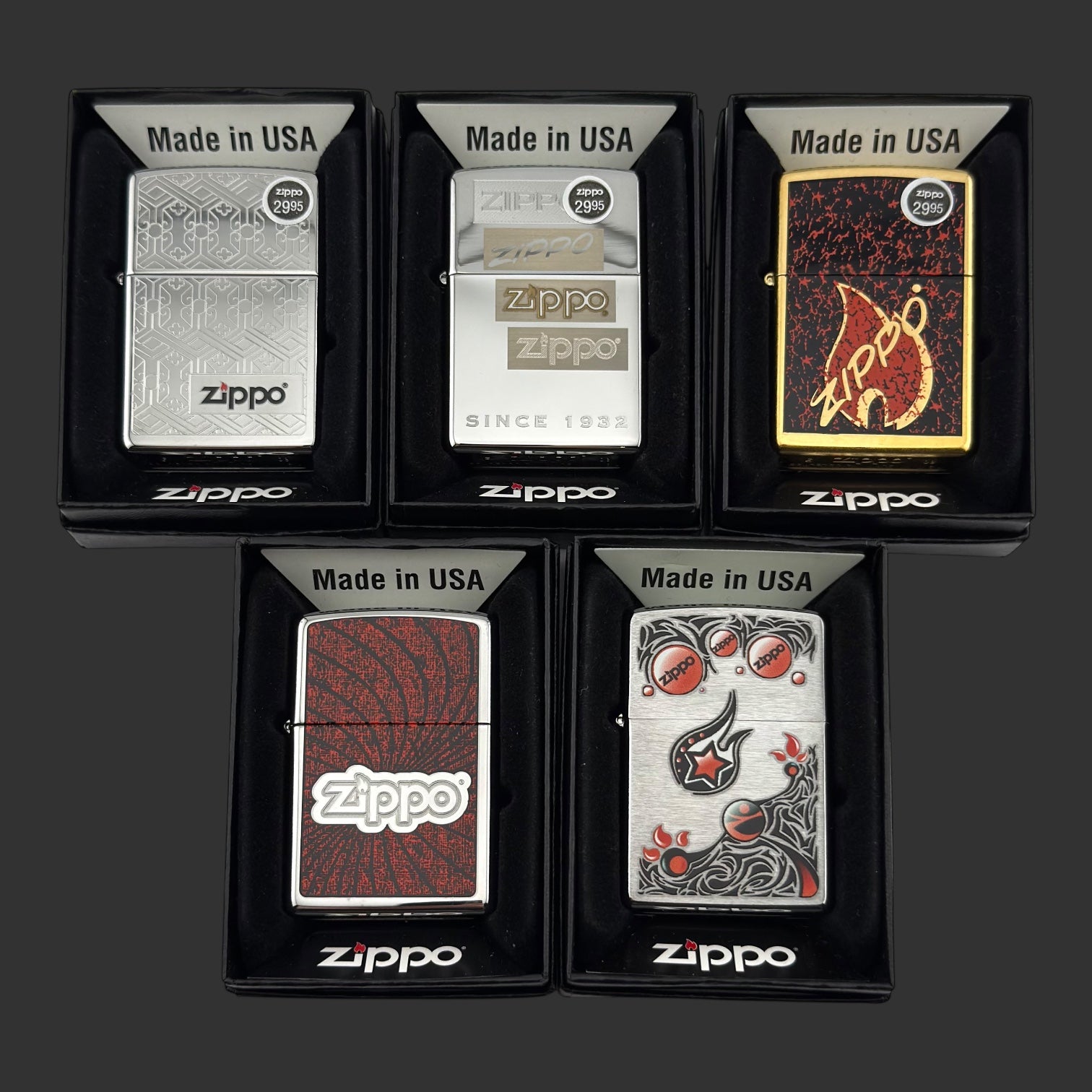 Five Zippo Lighter Lot - New/Sealed in Box
