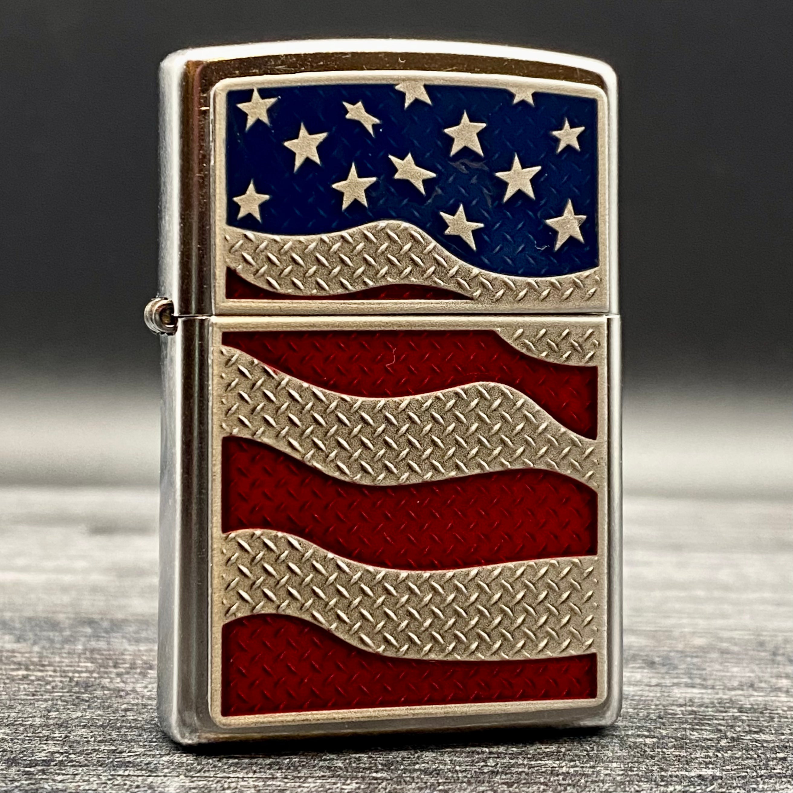 Chrome Zippo US FLag sale W/Diamond plate New In Box, Never Fired