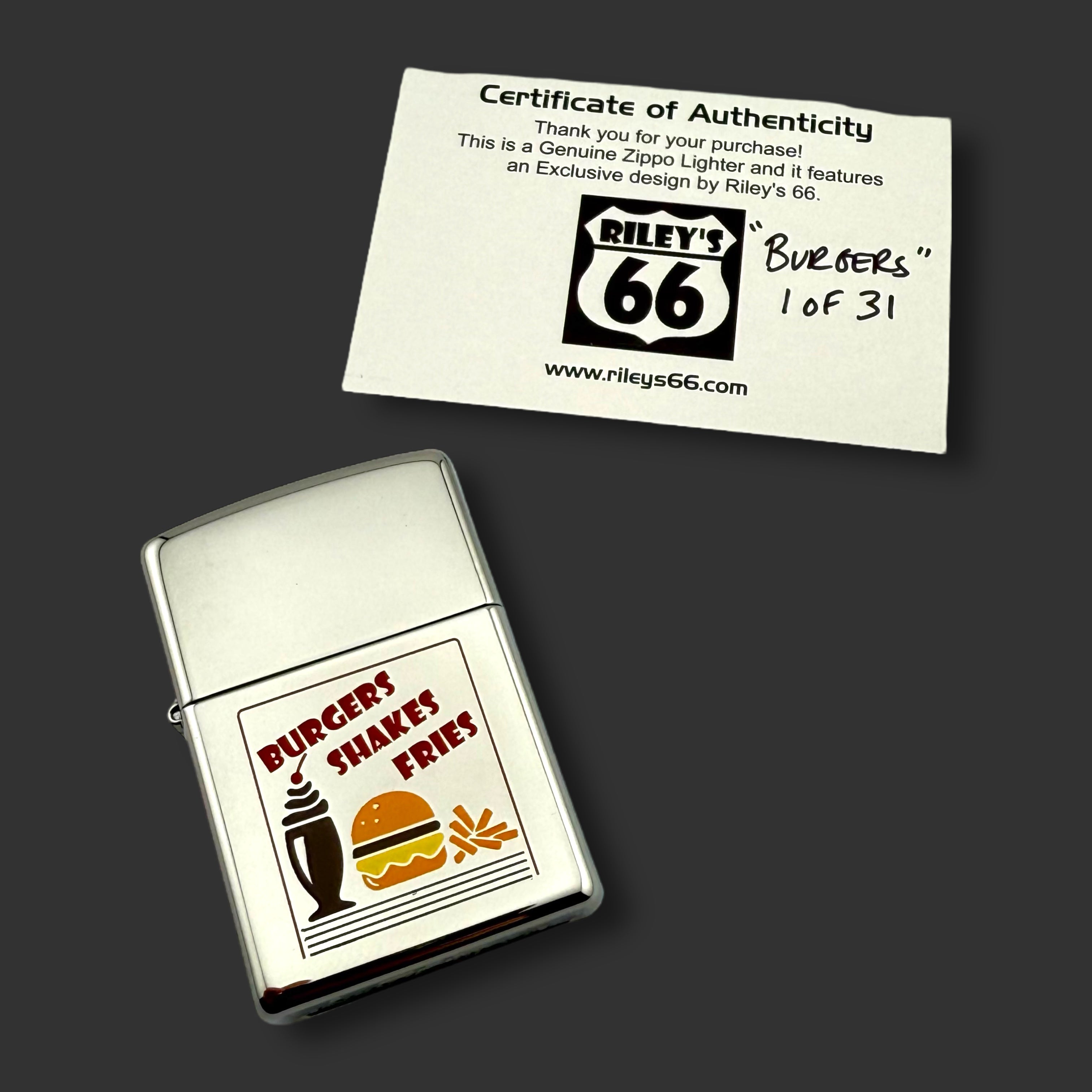 EXCLUSIVE - Riley's 66 Zippo Lighter - Burgers - High Polish Chrome