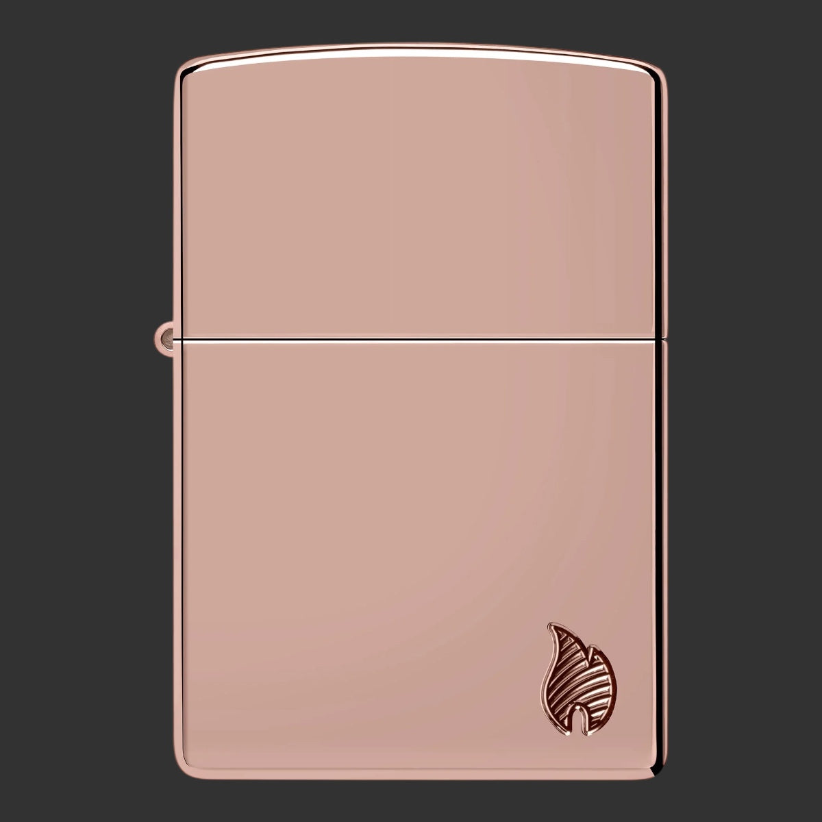 High Polish Rose Gold Armor Zippo lighter with minimalist Deep Carve flame icon in the lower-right corner
