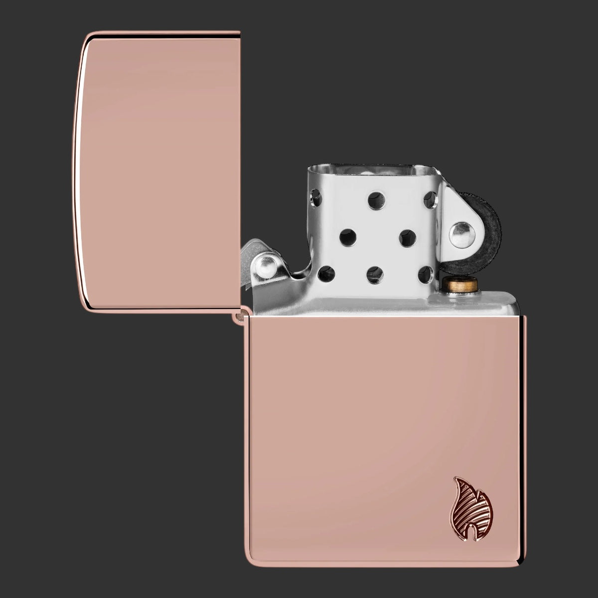 Lid open High Polish Rose Gold Armor Zippo lighter with minimalist Deep Carve flame icon in the lower-right corner