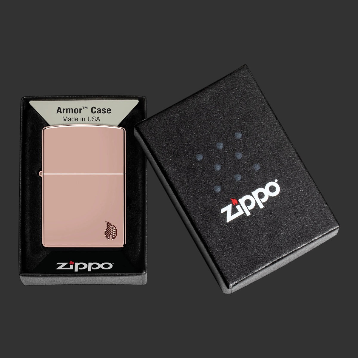 High Polish Rose Gold Armor Zippo lighter with minimalist Deep Carve flame icon in the lower-right corner in Original Box