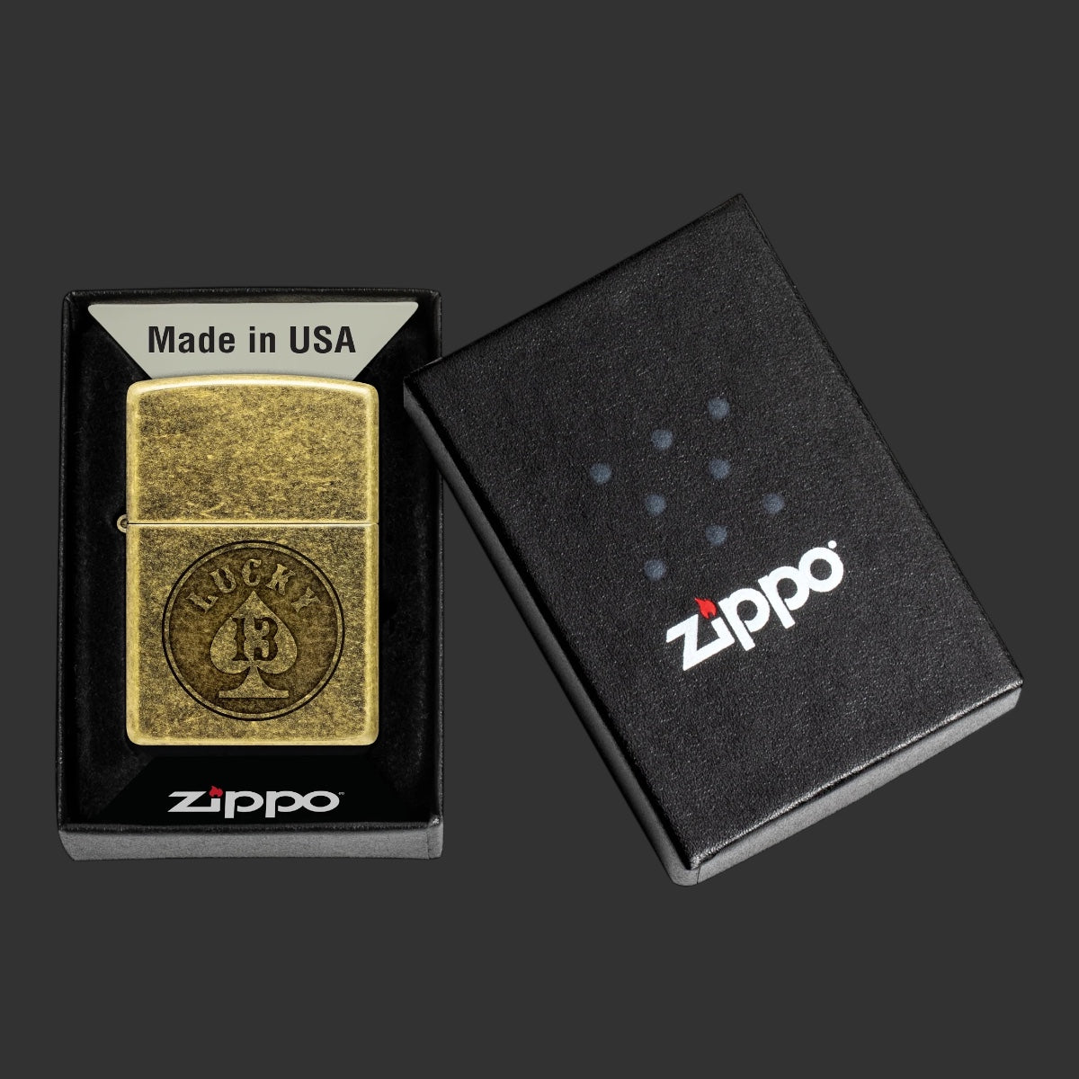 Zippo Lighter Lucky 13 Design Antique Brass