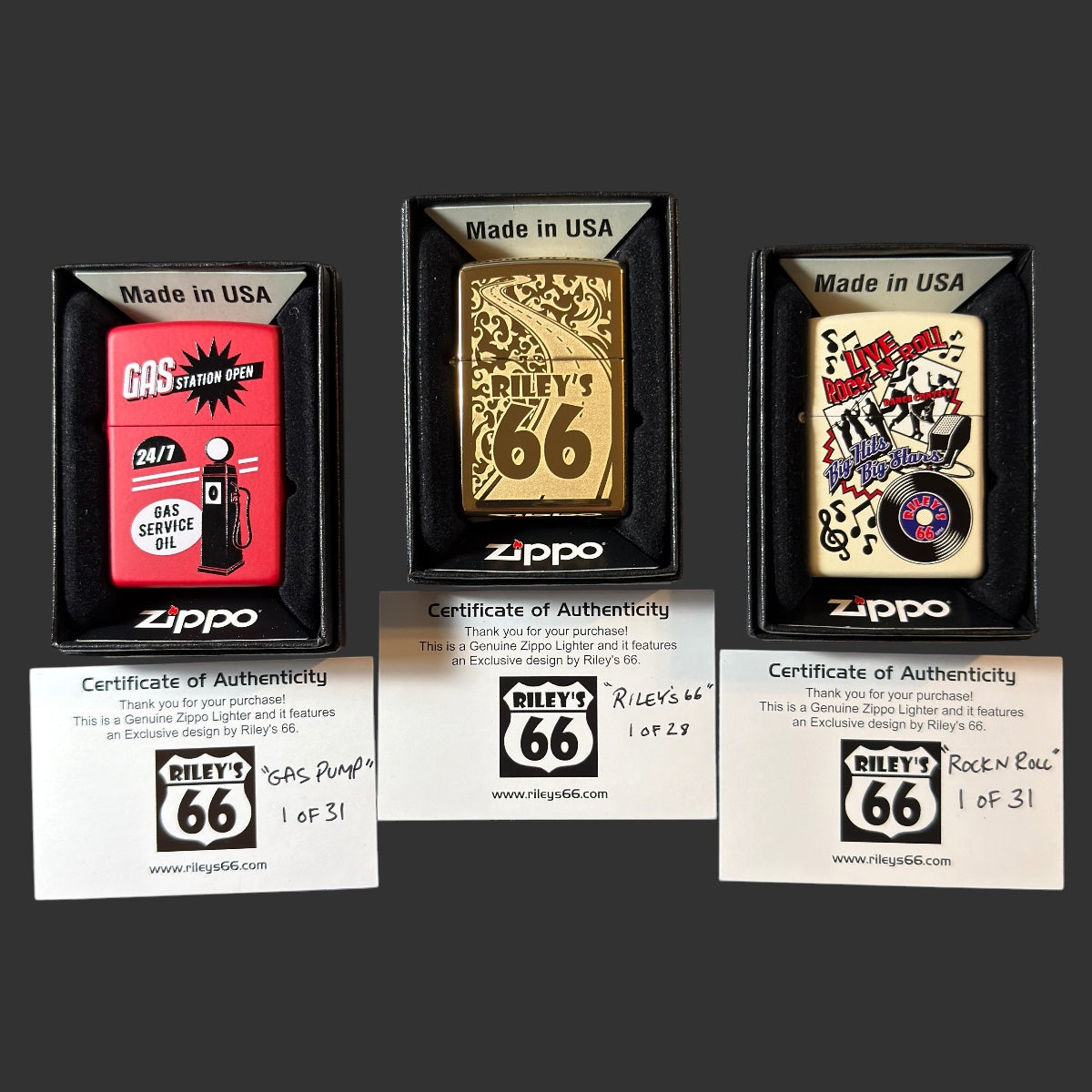 Original Riley's 66 Lot of 3 Zippo Lighters