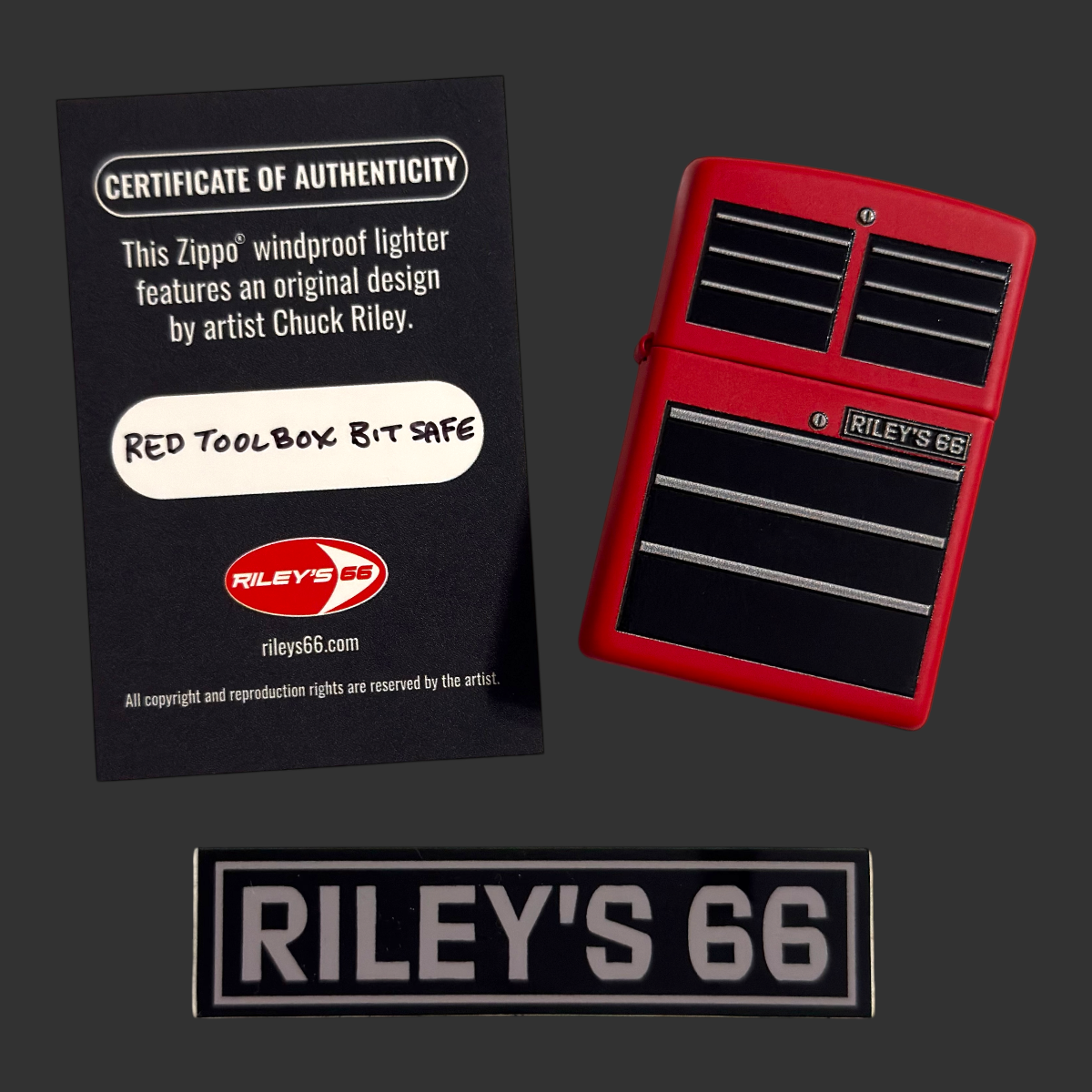 Custom Zippo Lighter, red Toolbox design with USA Made Bit Safe Insert exclusive Zippo available at Riley's 66. Original Zippo design by Chuck Riley.