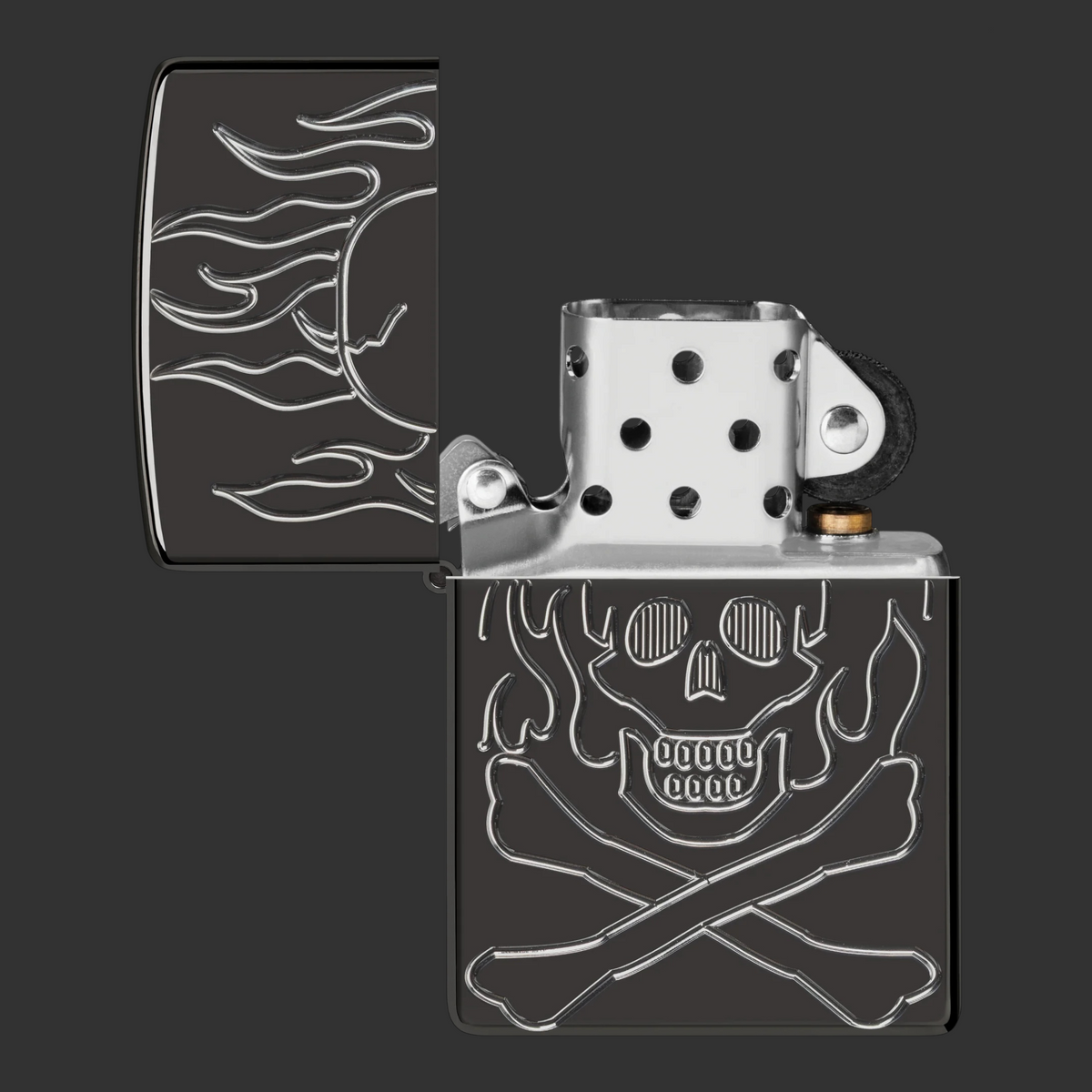 Lid Open High Polish Black Armor Zippo lighter with Deep Carve flaming skull and crossbones design