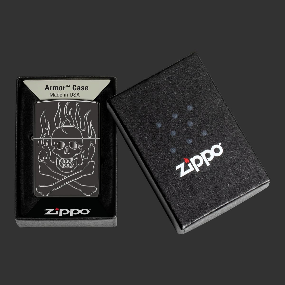 High Polish Black Armor Zippo lighter with Deep Carve flaming skull and crossbones design in Original Box