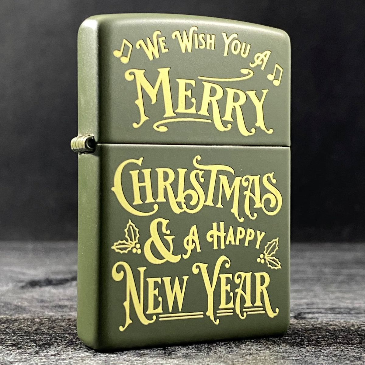 JV EXCLUSIVE WE WISH YOU A MERRY CHRISTMAS ZIPPO LIGHTER - GREEN MATTE - Riley&#39;s 66 LLC