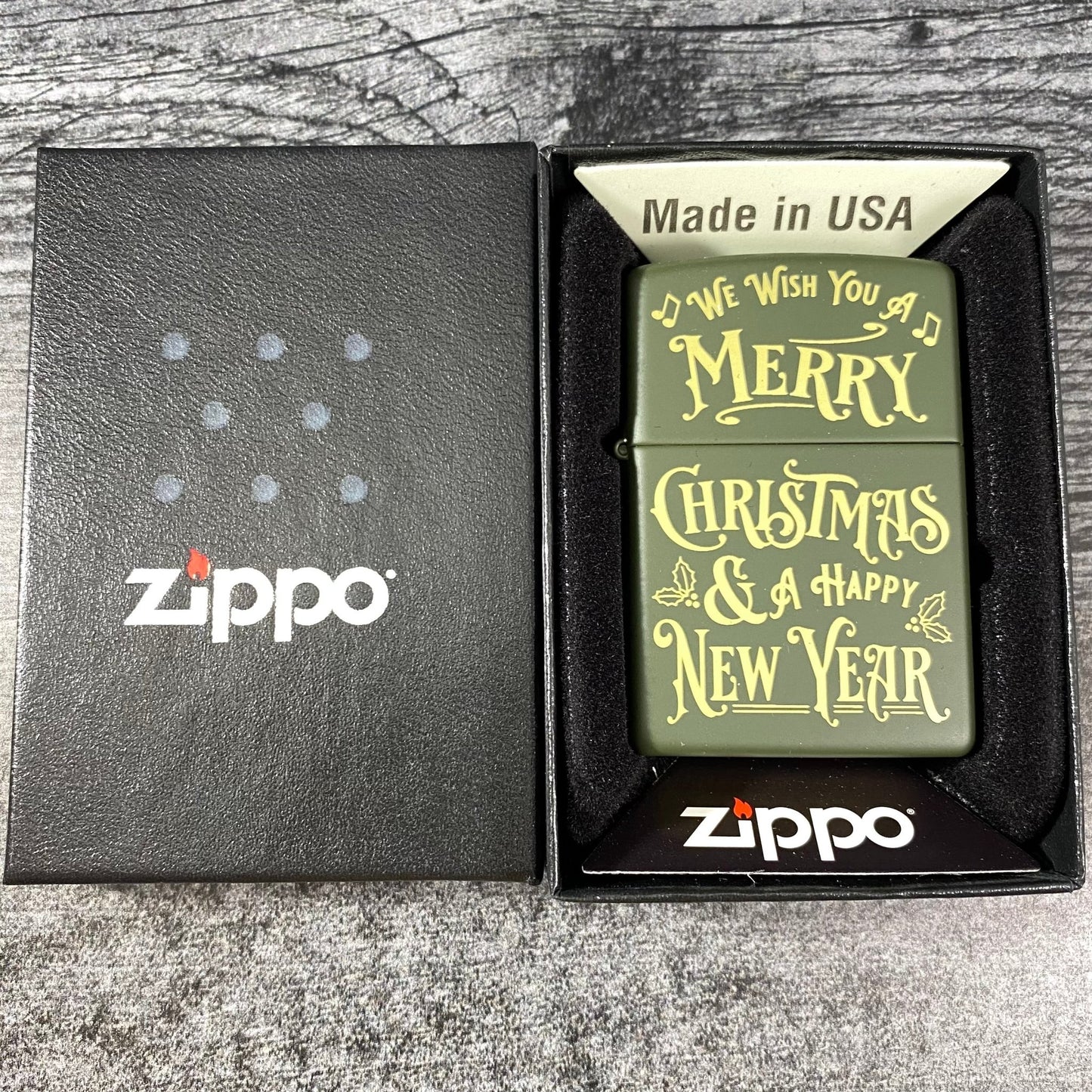 JV EXCLUSIVE WE WISH YOU A MERRY CHRISTMAS ZIPPO LIGHTER - GREEN MATTE - Riley's 66 LLC
