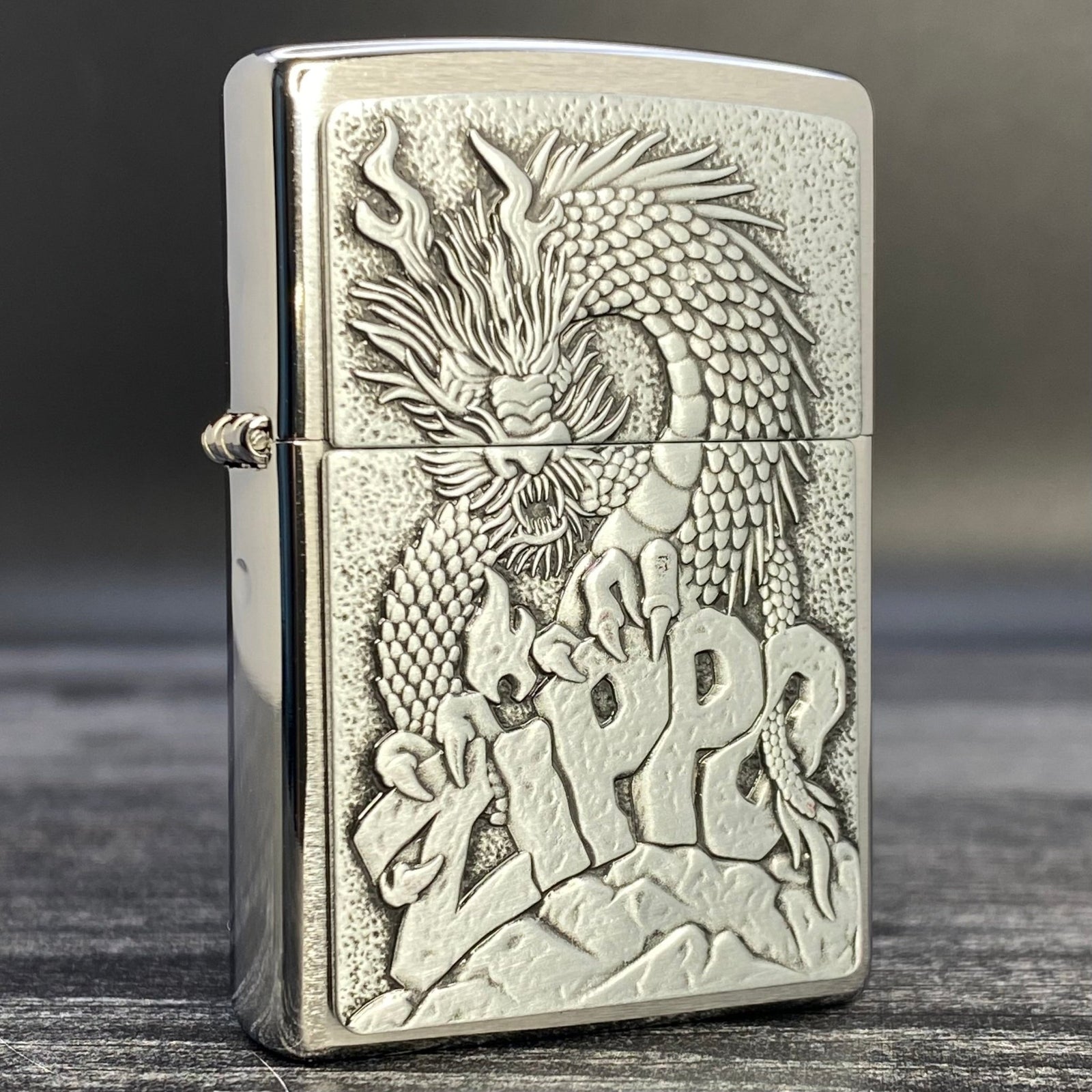 ZIPPO LIGHTER - Dragon Emblem - Brushed Chrome - Riley's 66 LLC