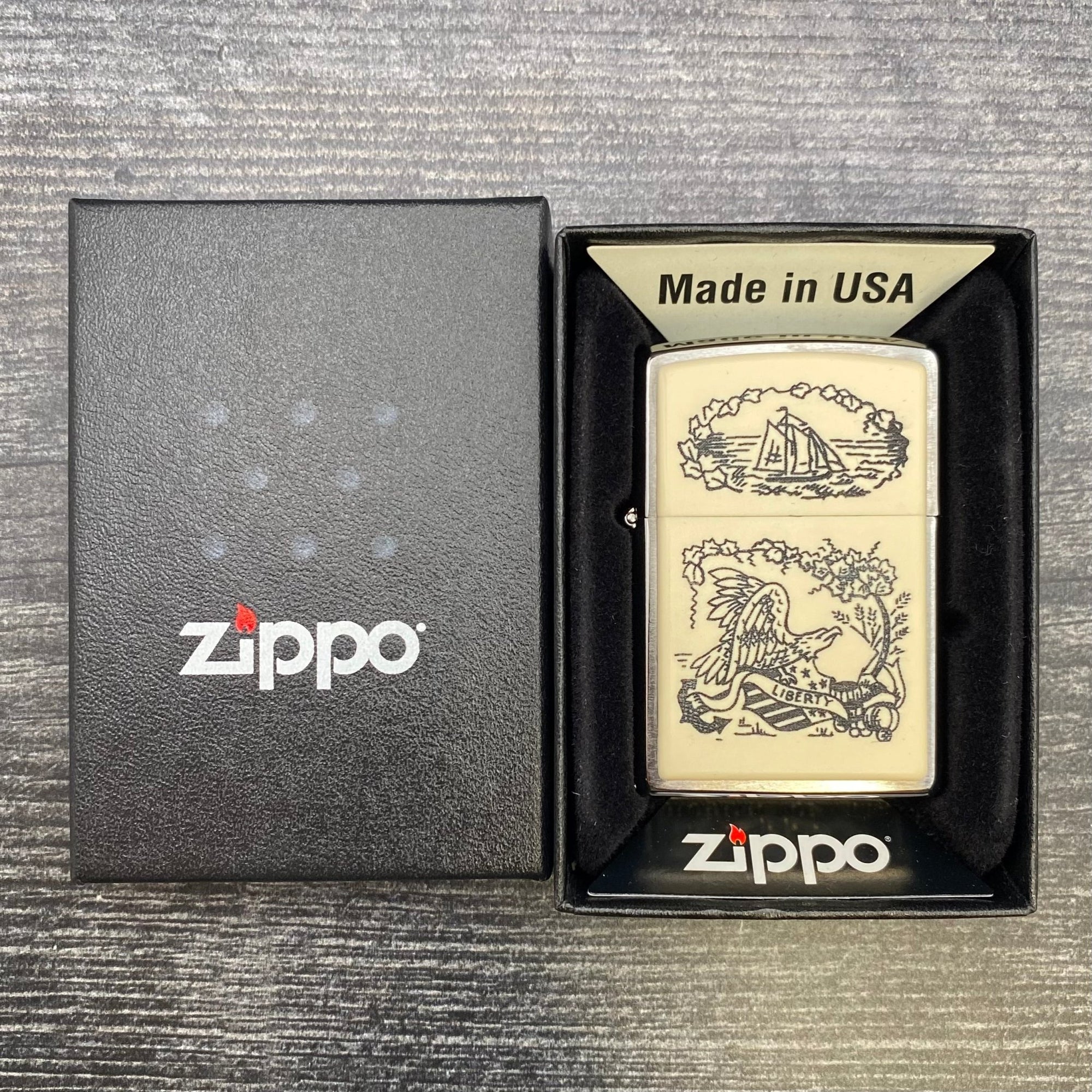 ZIPPO LIGHTER - Scrimshaw Liberty - Brushed Chrome - Riley's 66 LLC