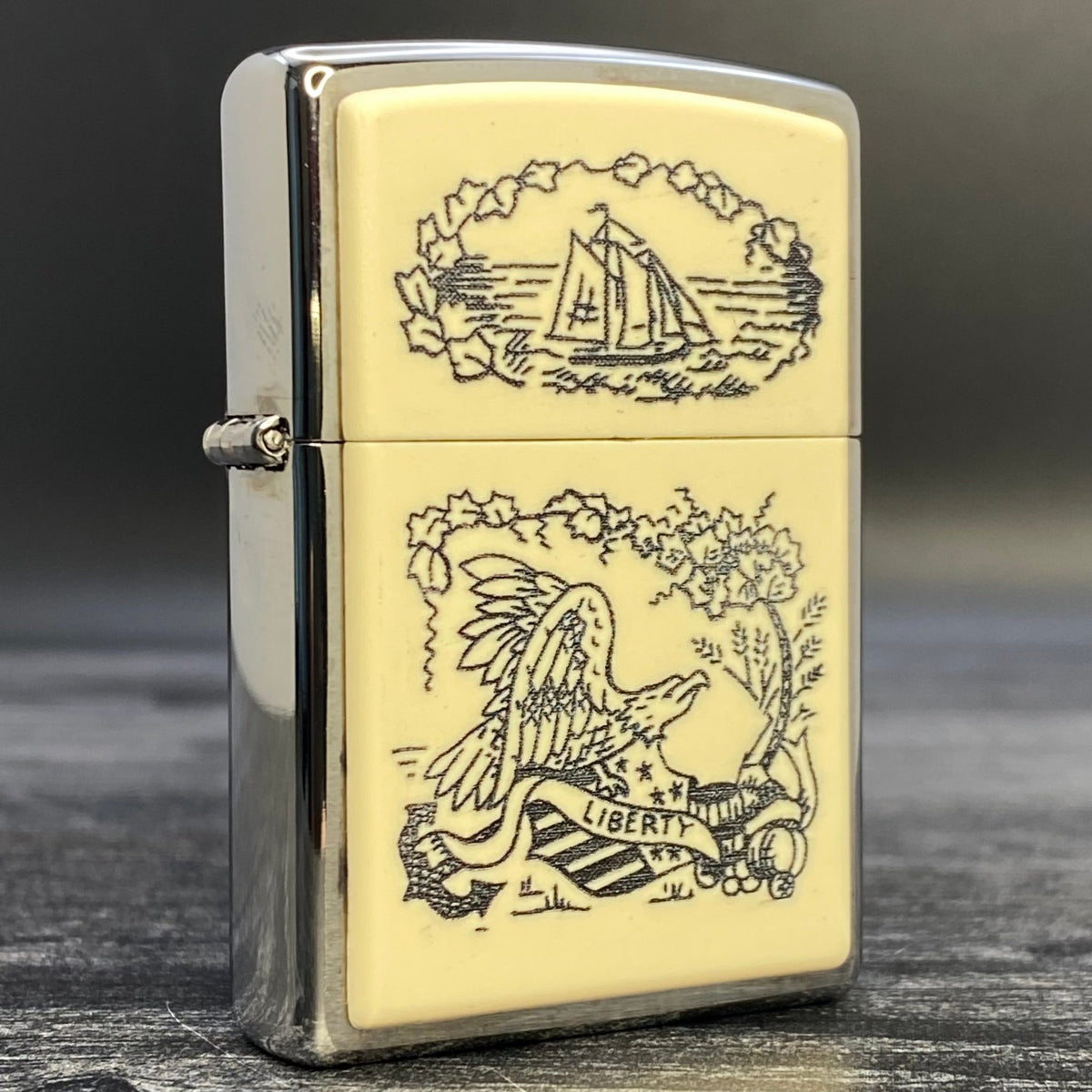 ZIPPO LIGHTER - Scrimshaw Liberty - Brushed Chrome - Riley&#39;s 66 LLC