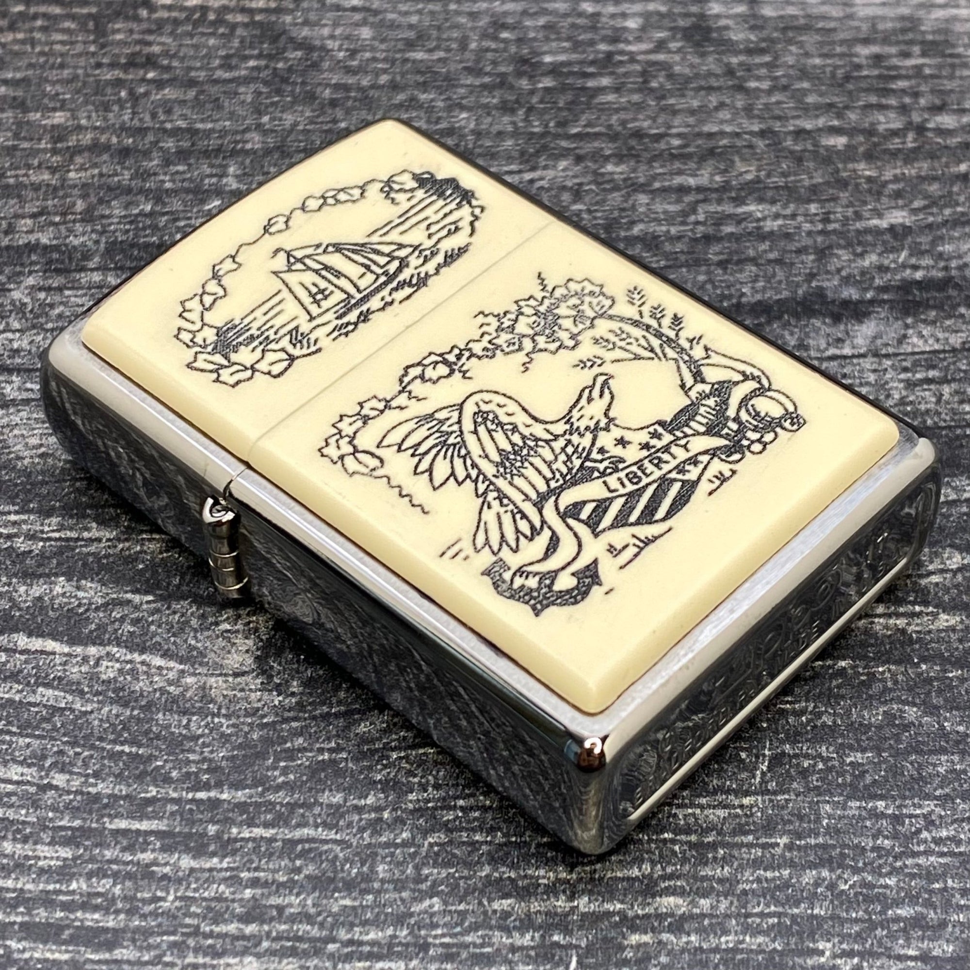 ZIPPO LIGHTER - Scrimshaw Liberty - Brushed Chrome - Riley's 66 LLC