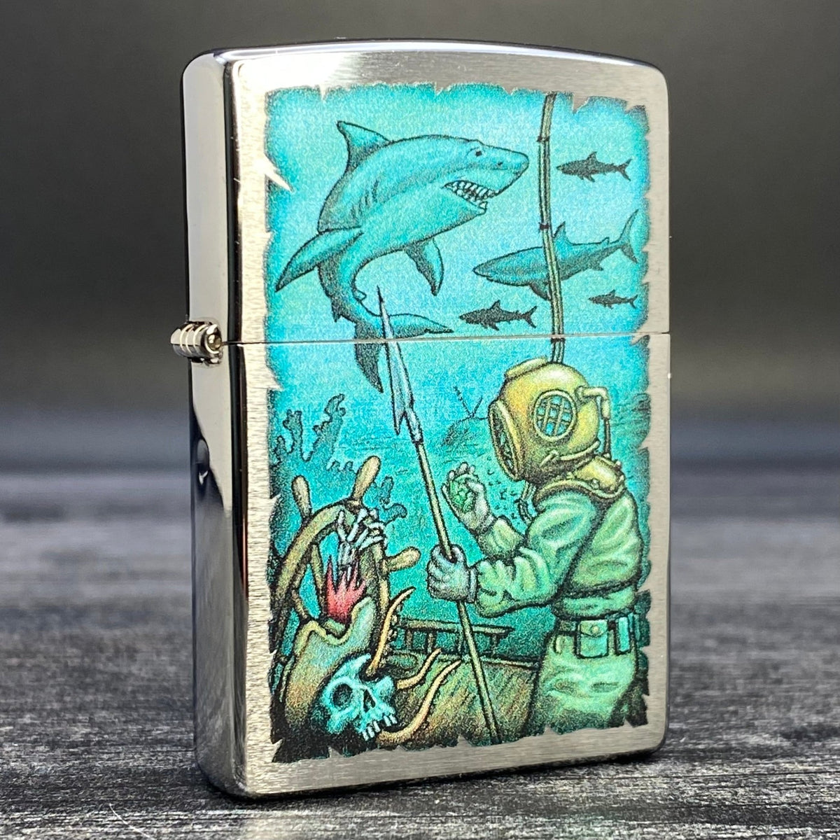 Zippo Lighter - Underwater Design - Brushed Chrome - Riley&#39;s 66 LLC