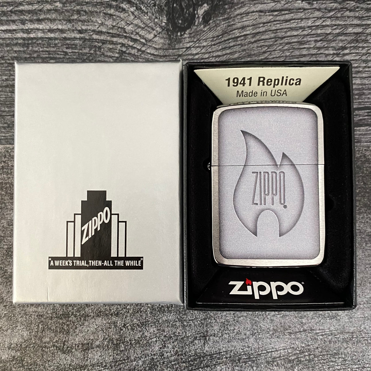 Zippo Lighter - 1941 Replica - Flame - Brushed Chrome - Riley's 66 LLC