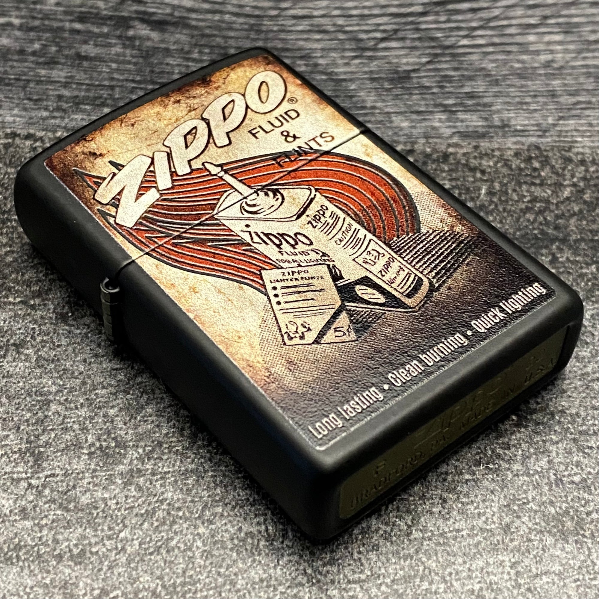 Zippo Lighter - Vintage Fluid & Flints - Black Matte